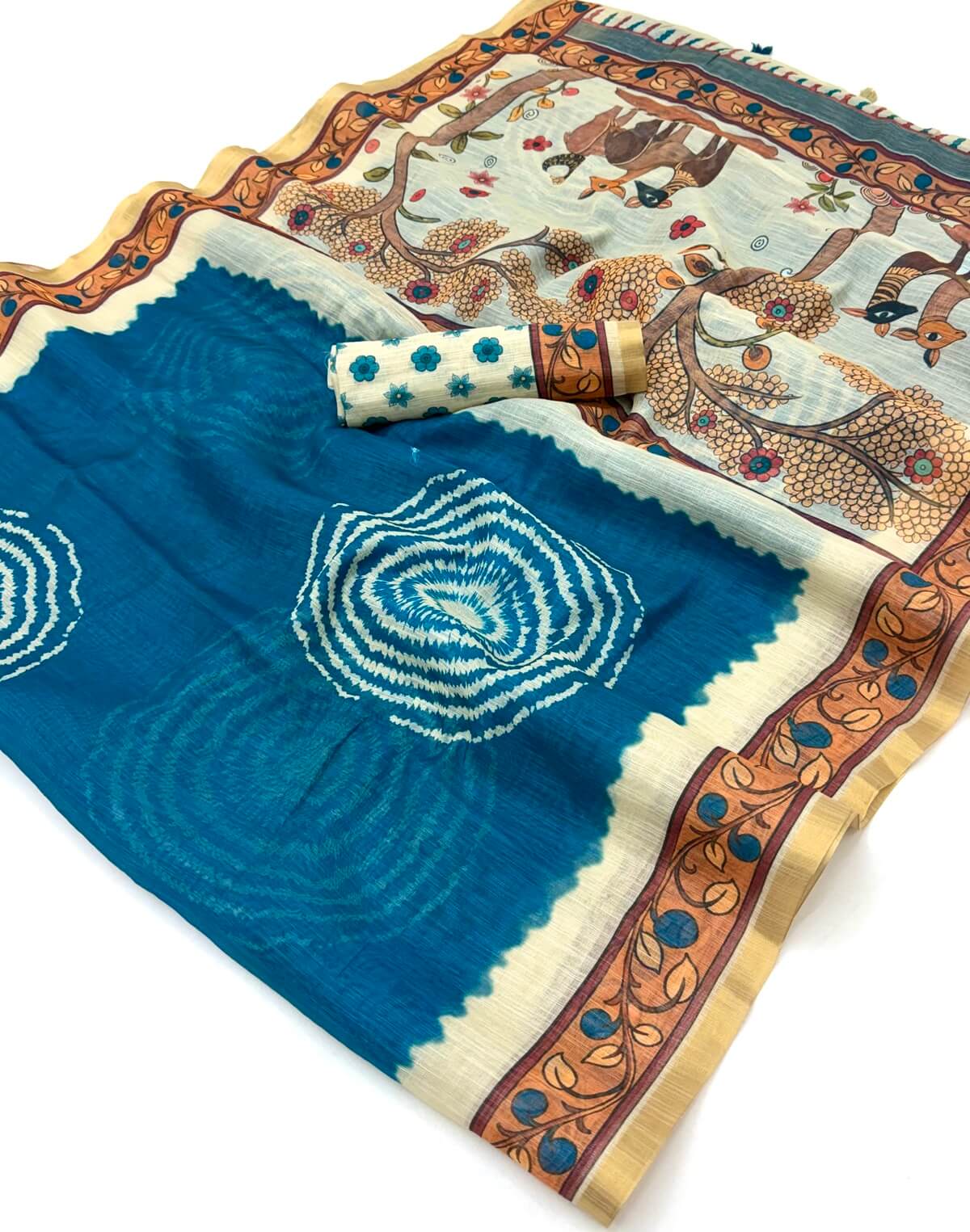 Glamorous Blue Printed Cotton Silk Saree With Desuetude Blouse Piece