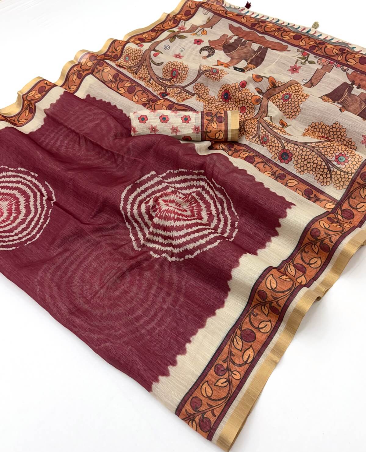 Amazing Wine Printed Cotton Silk Saree With Sonorous Blouse Piece