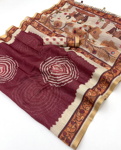 Amazing Wine Printed Cotton Silk Saree With Sonorous Blouse Piece