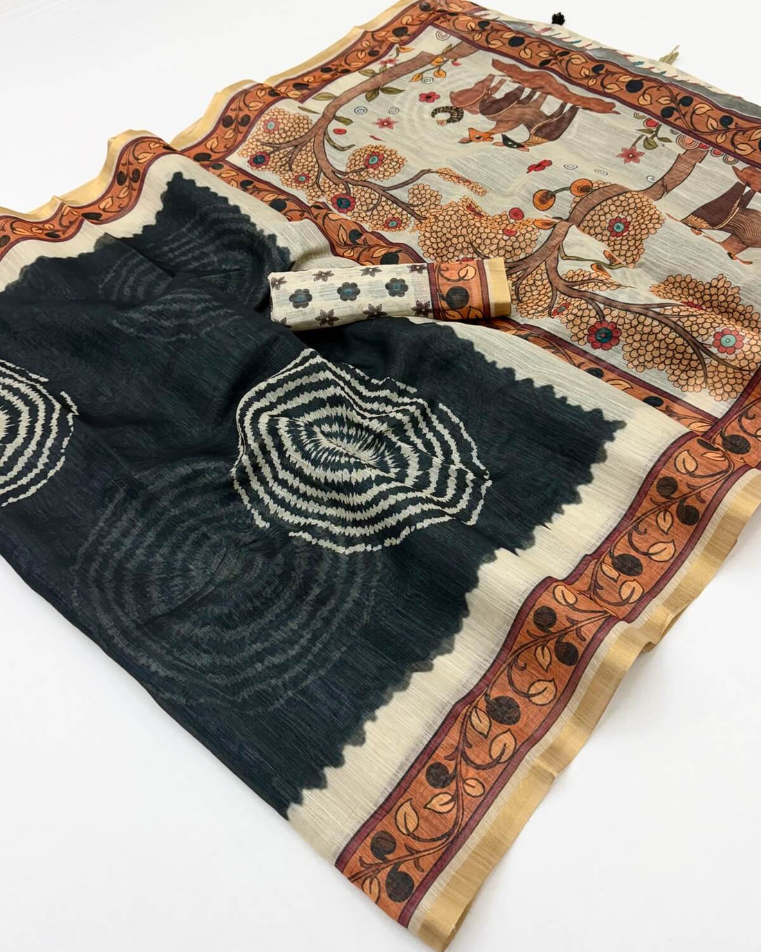 Scrumptious Black Printed Cotton Silk Saree With Lagniappe Blouse Piece