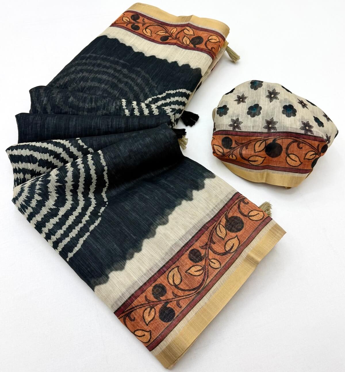 Scrumptious Black Printed Cotton Silk Saree With Lagniappe Blouse Piece