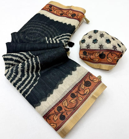 Scrumptious Black Printed Cotton Silk Saree With Lagniappe Blouse Piece