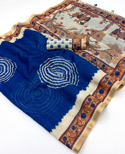 Rhapsodic Navy Blue Printed Cotton Silk Saree With Appealing Blouse Piece