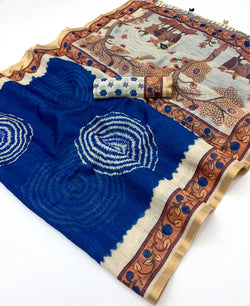 Rhapsodic Navy Blue Printed Cotton Silk Saree With Appealing Blouse Piece