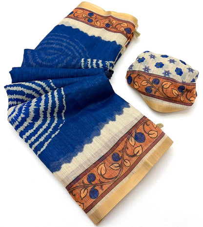 Rhapsodic Navy Blue Printed Cotton Silk Saree With Appealing Blouse Piece
