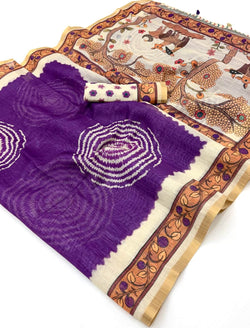 Felicitous Purple Printed Cotton Silk Saree With Desirable Blouse Piece