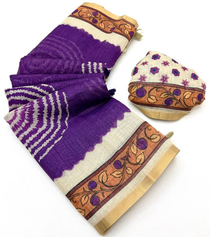 Felicitous Purple Printed Cotton Silk Saree With Desirable Blouse Piece