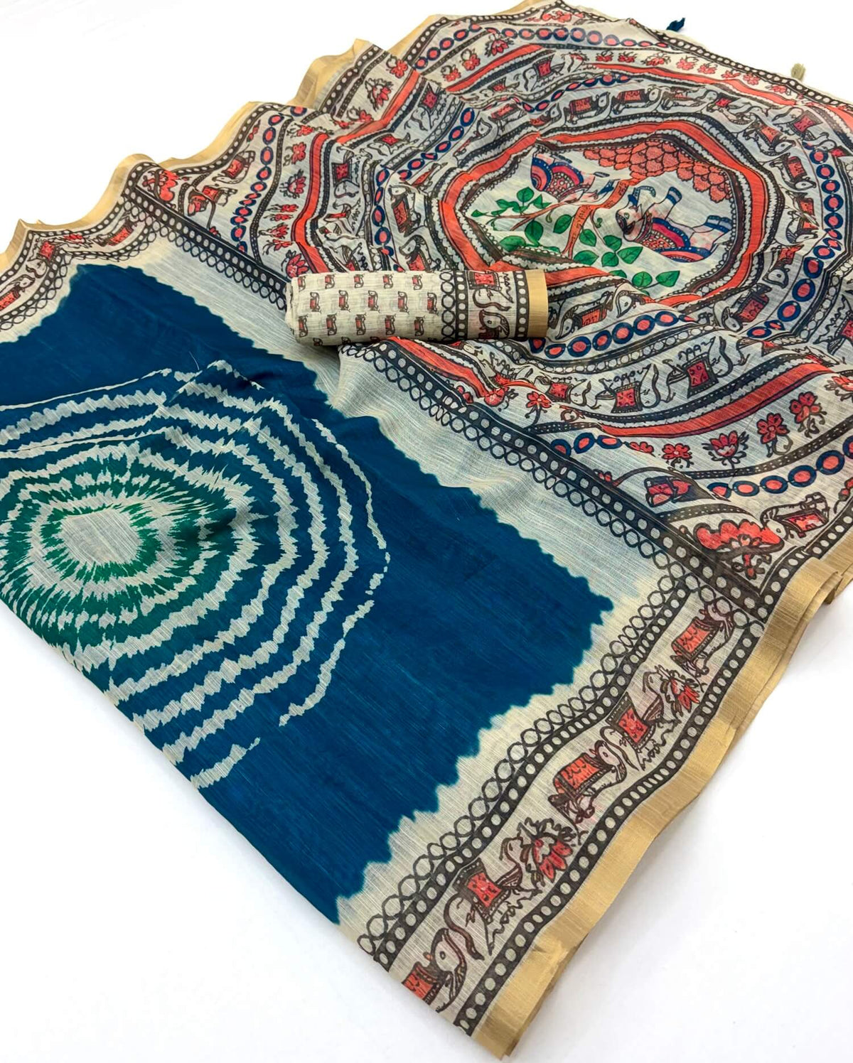 Elaborate Navy Blue Printed Cotton Silk Saree With Gossamer Blouse Piece