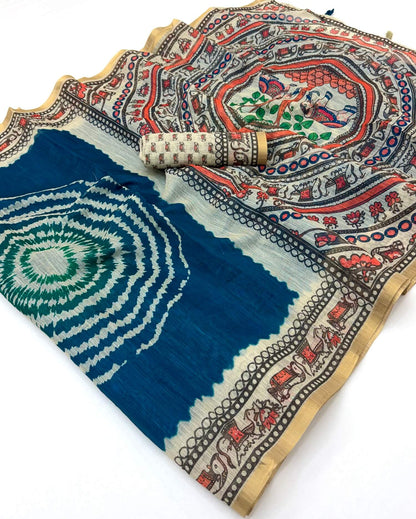 Elaborate Navy Blue Printed Cotton Silk Saree With Gossamer Blouse Piece