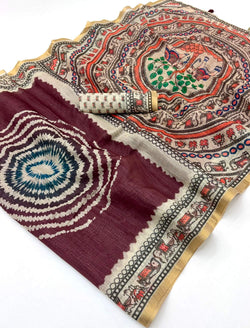 Epiphany Wine Printed Cotton Silk Saree With Allure Blouse Piece