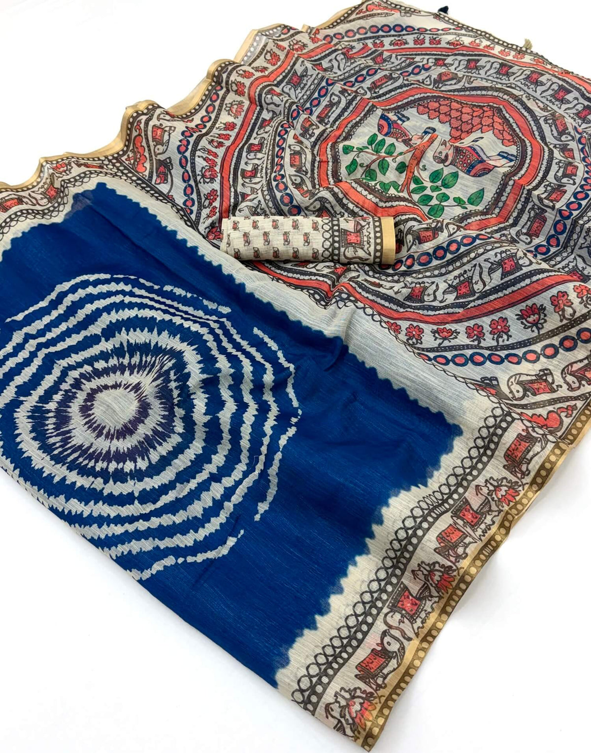 Palimpsest Royal Blue Printed Cotton Silk Saree With Profuse Blouse Piece