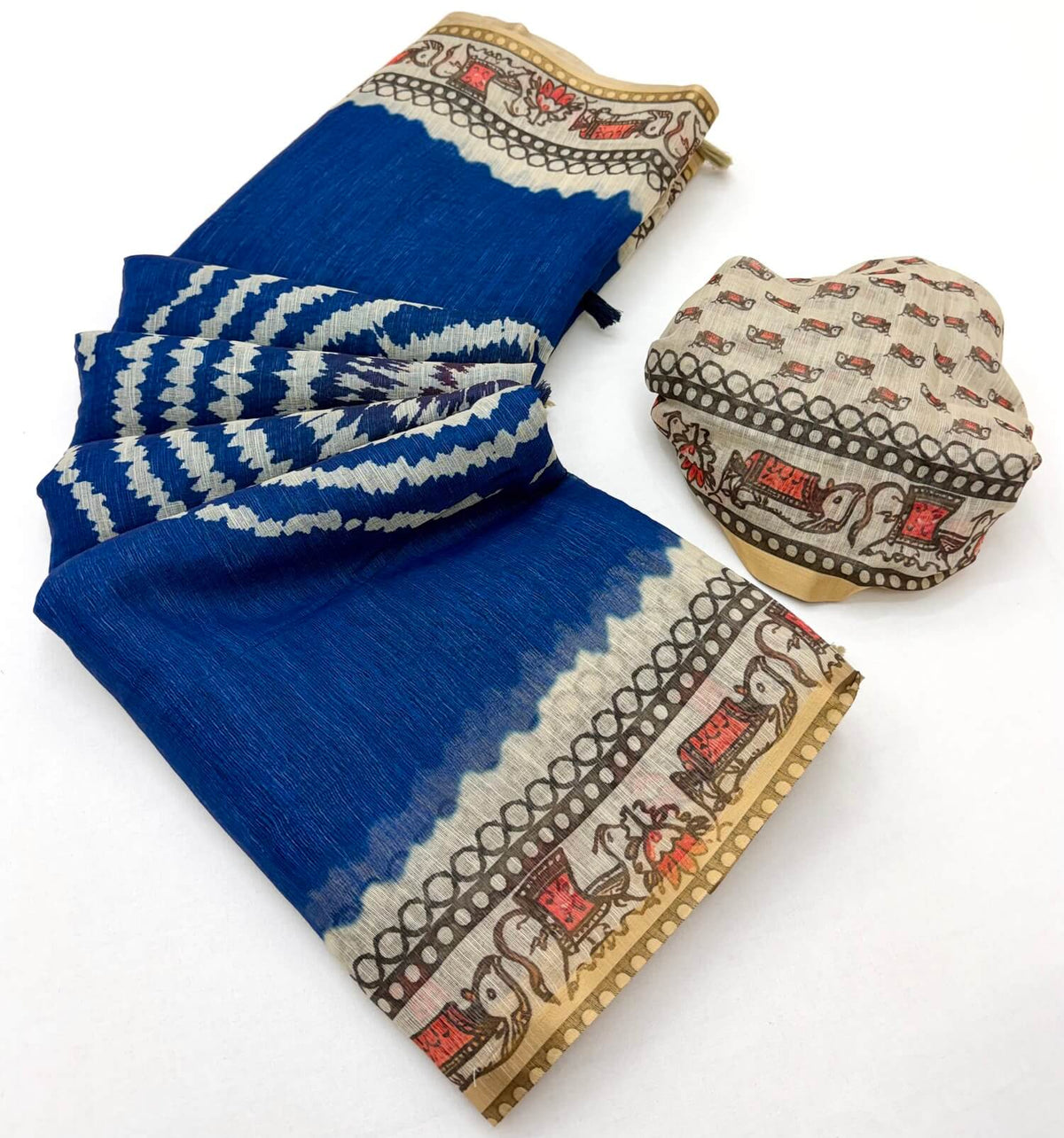 Palimpsest Royal Blue Printed Cotton Silk Saree With Profuse Blouse Piece