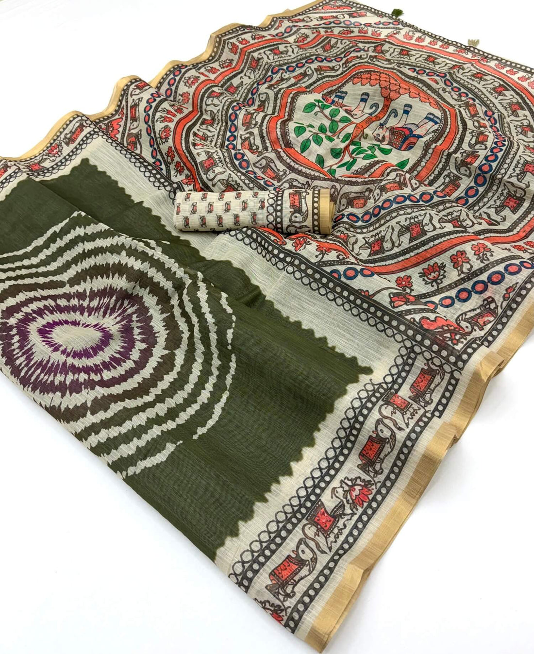 Ailurophile Dark Green Printed Cotton Silk Saree With Beleaguer Blouse Piece