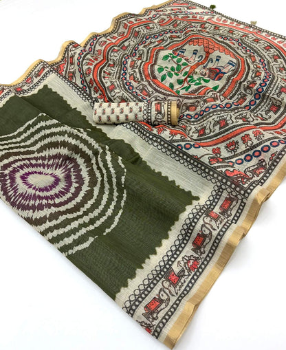 Ailurophile Dark Green Printed Cotton Silk Saree With Beleaguer Blouse Piece