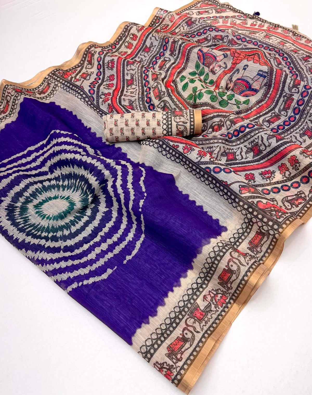 Murmurous Royal Purple Printed Cotton Silk Saree With Embrocation Blouse Piece