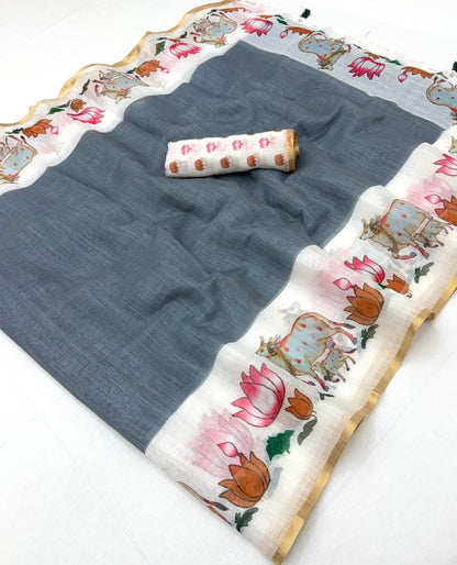 Amazing Grey Printed Cotton Silk Saree With Excellent Blouse Piece