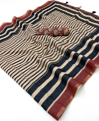 Susurrous Beige and Black Printed Cotton Silk Saree With Forbearance Blouse Piece