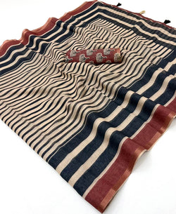 Susurrous Beige and Black Printed Cotton Silk Saree With Forbearance Blouse Piece