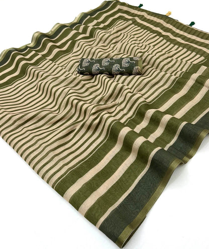 Ratatouille Beige and Green Printed Cotton Silk Saree With Stunner Blouse Piece