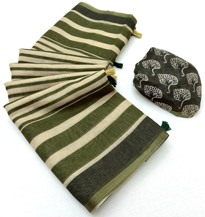 Ratatouille Beige and Green Printed Cotton Silk Saree With Stunner Blouse Piece