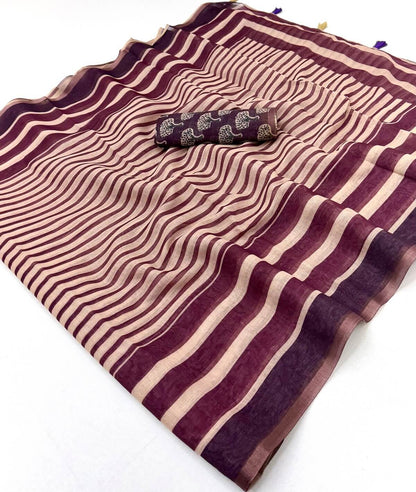 Dulcet Beige and Wine Printed Cotton Silk Saree With Splendiferous Blouse Piece