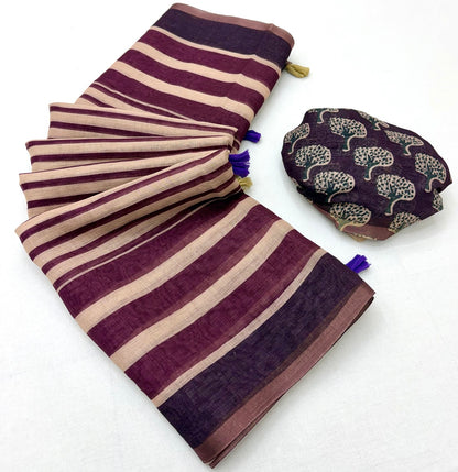 Dulcet Beige and Wine Printed Cotton Silk Saree With Splendiferous Blouse Piece