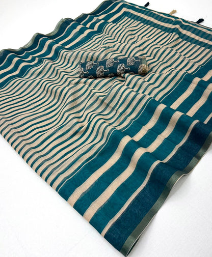 Blissful Beige and Rama Printed Cotton Silk Saree With Effulgent Blouse Piece