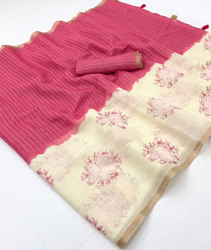Moiety Beige And Pink Printed Cotton Silk Saree With Ailurophile Blouse Piece