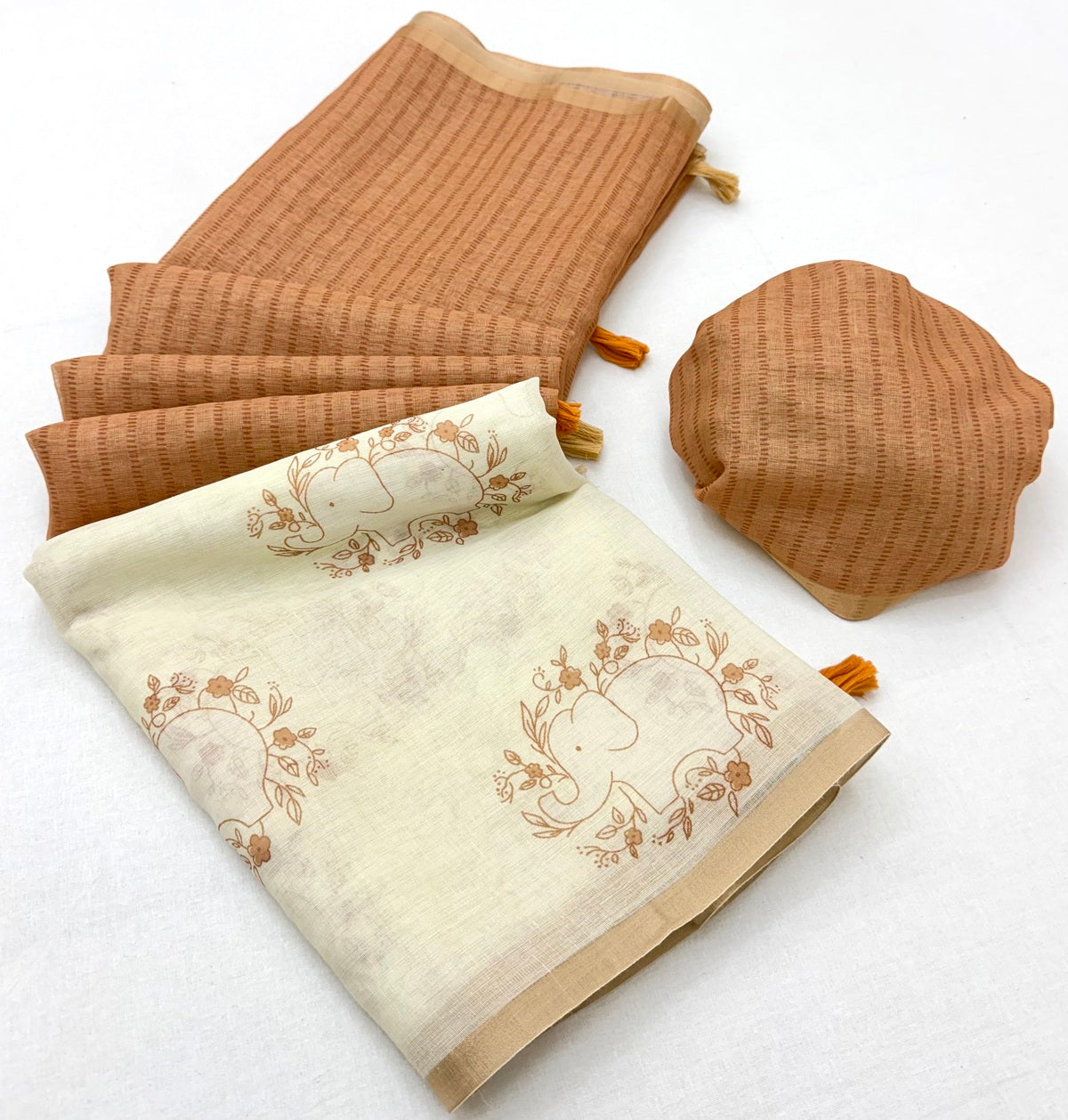 Adorable Beige And Brown Printed Cotton Silk Saree With Stunning Blouse Piece