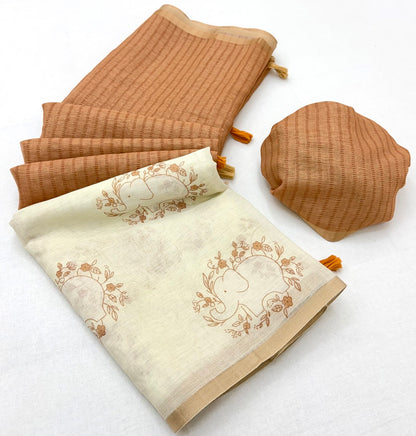 Adorable Beige And Brown Printed Cotton Silk Saree With Stunning Blouse Piece
