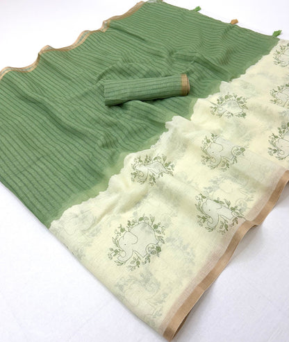 Gratifying Beige And Green Printed Cotton Silk Saree With Fairytale Blouse Piece