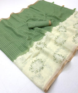 Gratifying Beige And Green Printed Cotton Silk Saree With Fairytale Blouse Piece