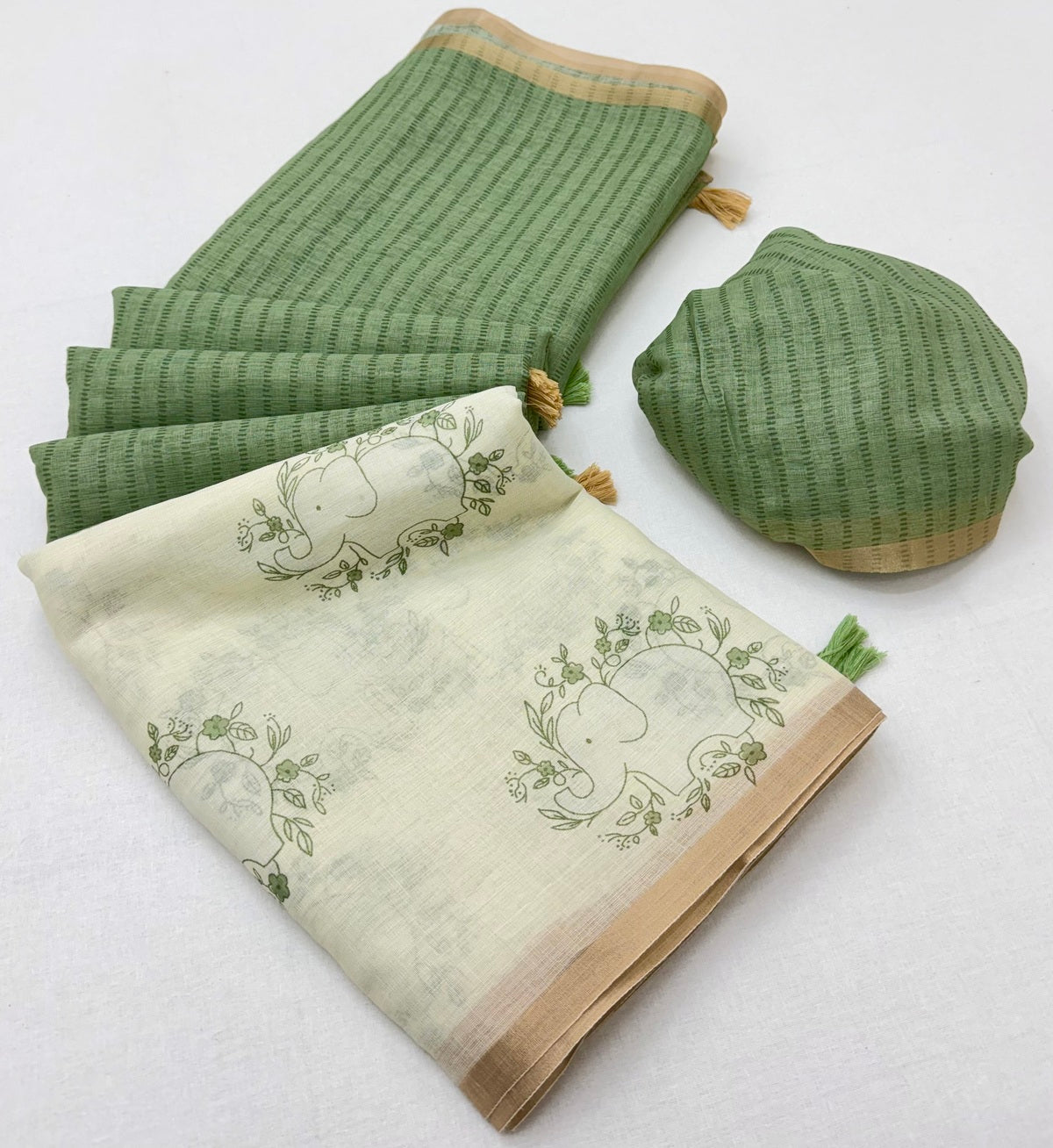 Gratifying Beige And Green Printed Cotton Silk Saree With Fairytale Blouse Piece
