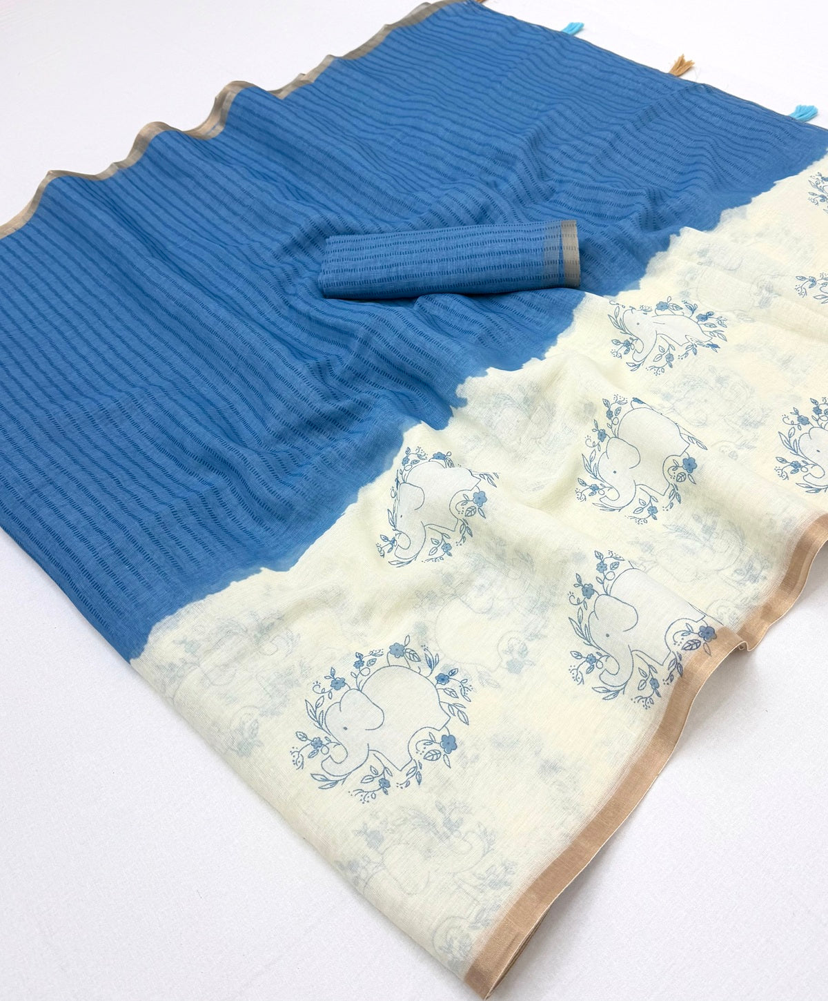 Splendorous Beige And Blue Printed Cotton Silk Saree With Verdant Blouse Piece