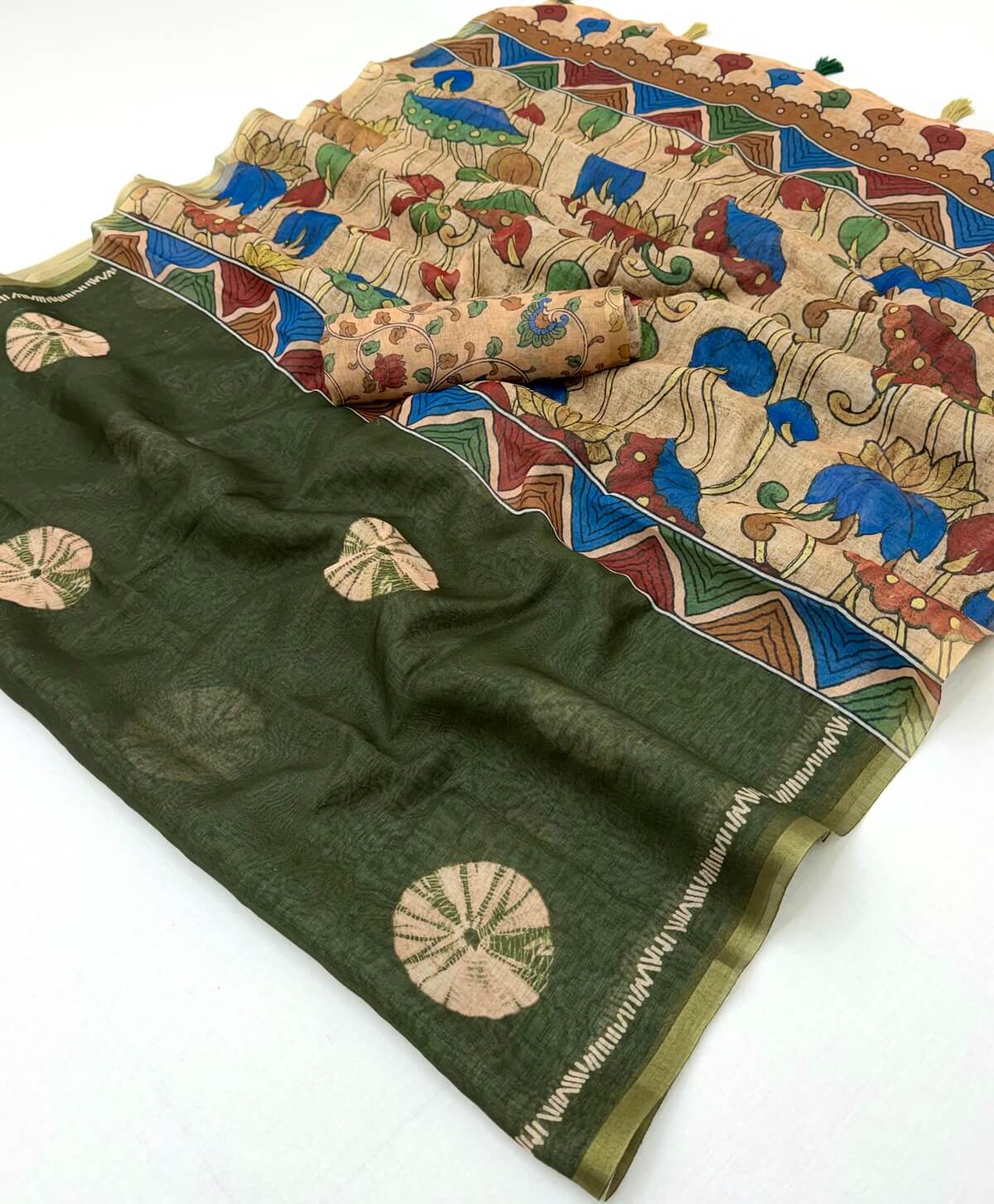 Desuetude Dark Green Printed Cotton Silk Saree With Fancifull Blouse Piece