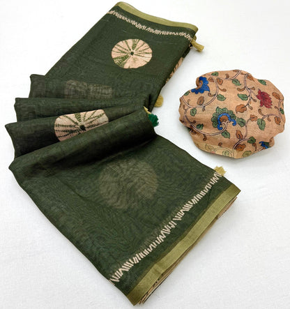 Desuetude Dark Green Printed Cotton Silk Saree With Fancifull Blouse Piece