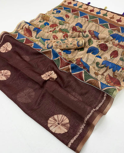 Petrichor Brown Printed Cotton Silk Saree With Enthralling Blouse Piece