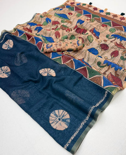 Imaginative Navy Blue Printed Cotton Silk Saree With Unique Blouse Piece