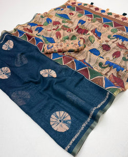 Imaginative Navy Blue Printed Cotton Silk Saree With Unique Blouse Piece