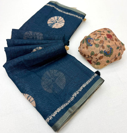 Imaginative Navy Blue Printed Cotton Silk Saree With Unique Blouse Piece