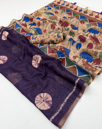 Sophisticated Purple Printed Cotton Silk Saree With Serendipity Blouse Piece