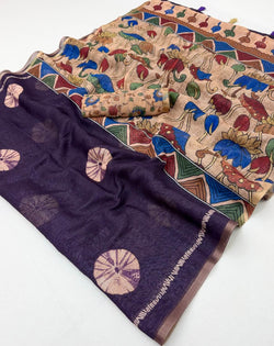 Sophisticated Purple Printed Cotton Silk Saree With Serendipity Blouse Piece
