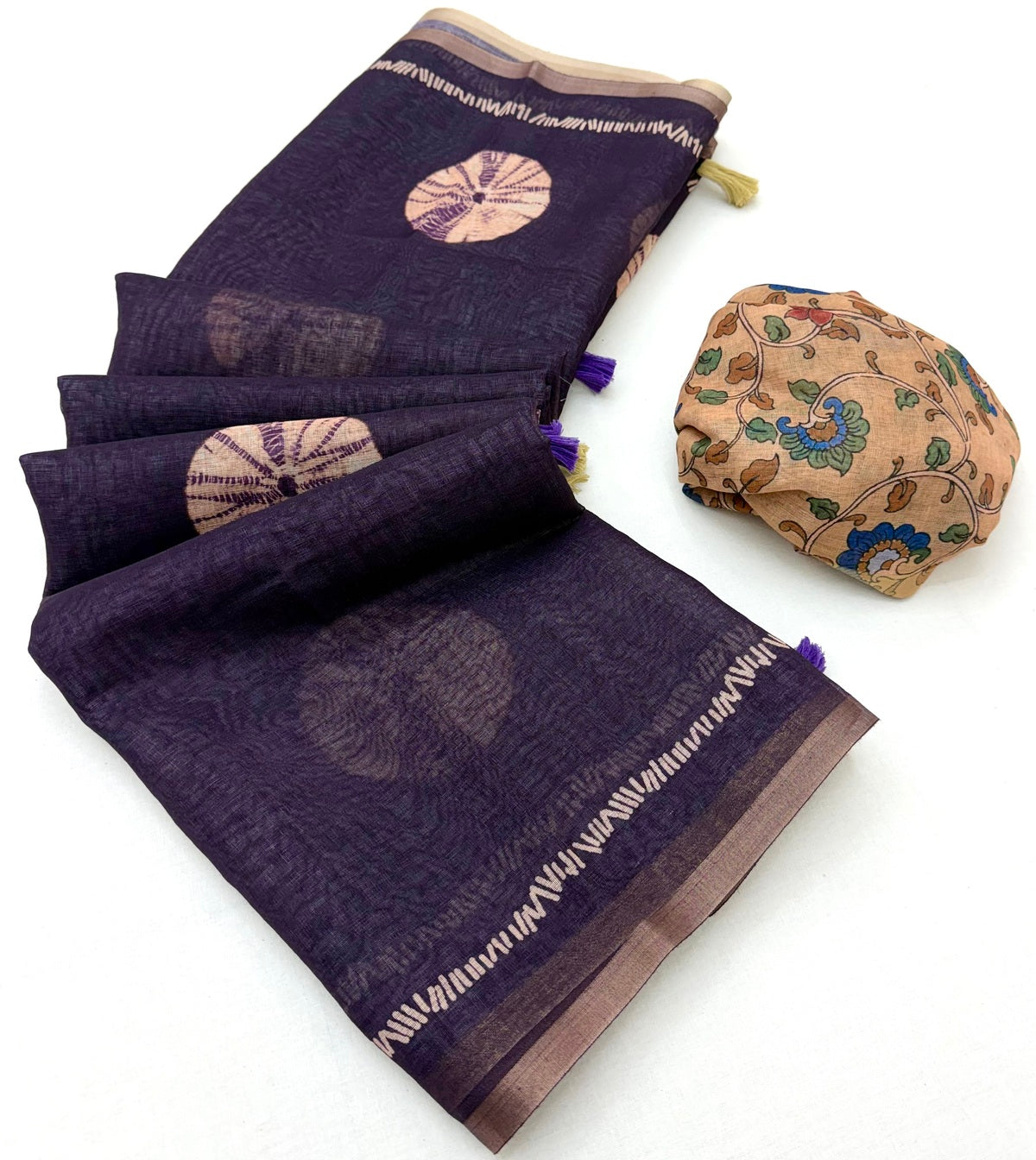 Sophisticated Purple Printed Cotton Silk Saree With Serendipity Blouse Piece