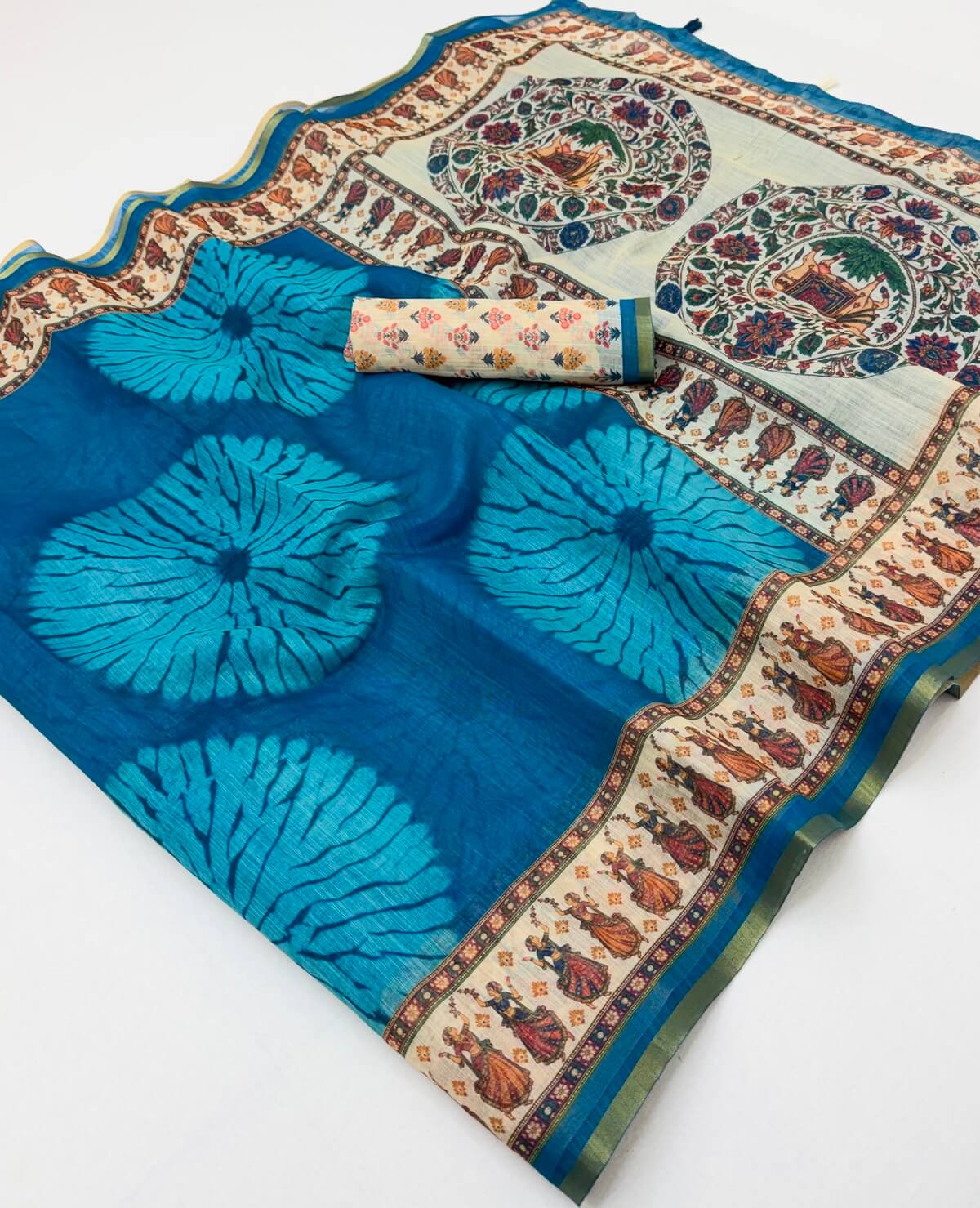 Scrupulous Firozi Printed Cotton Silk Saree With Magnificat Blouse Piece