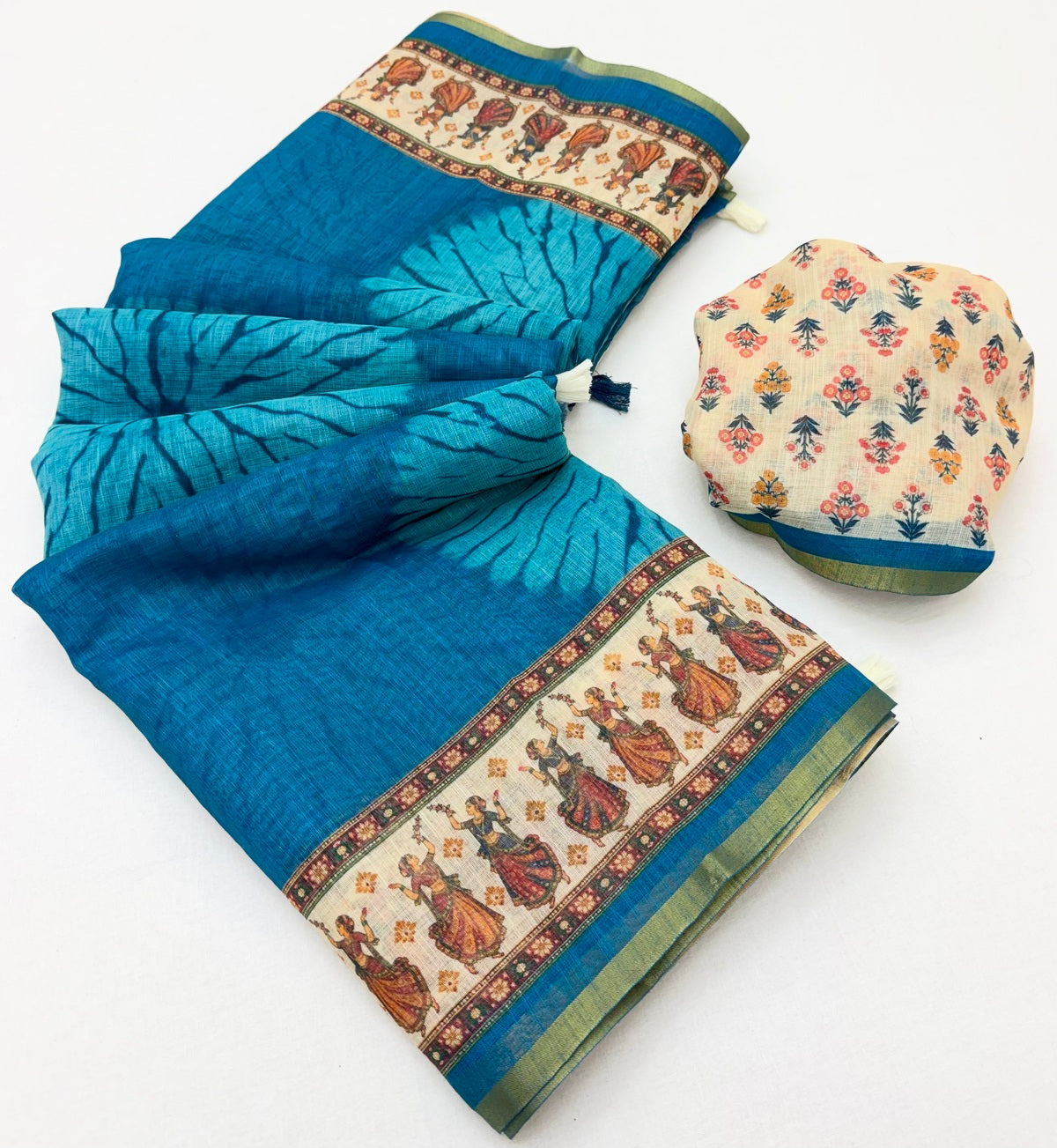 Scrupulous Firozi Printed Cotton Silk Saree With Magnificat Blouse Piece