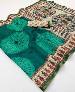 Desirable Rama Printed Cotton Silk Saree With Extraordinary Blouse Piece