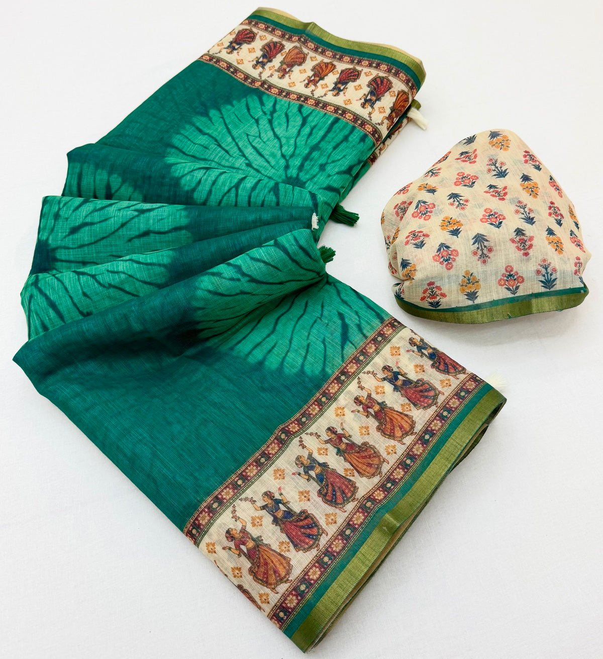 Desirable Rama Printed Cotton Silk Saree With Extraordinary Blouse Piece