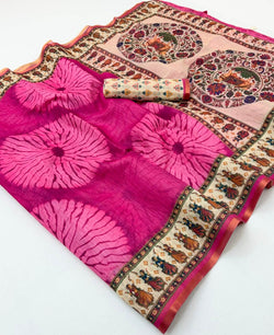 Woebegone Dark Pink Printed Cotton Silk Saree With Assemblage Blouse Piece