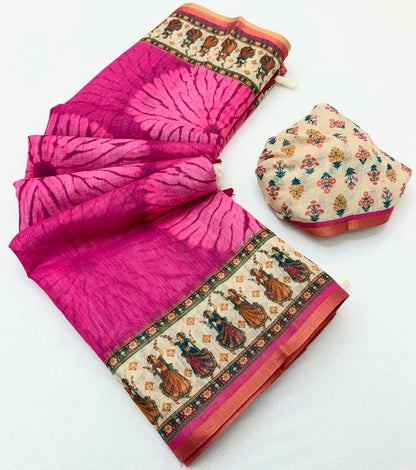 Woebegone Dark Pink Printed Cotton Silk Saree With Assemblage Blouse Piece