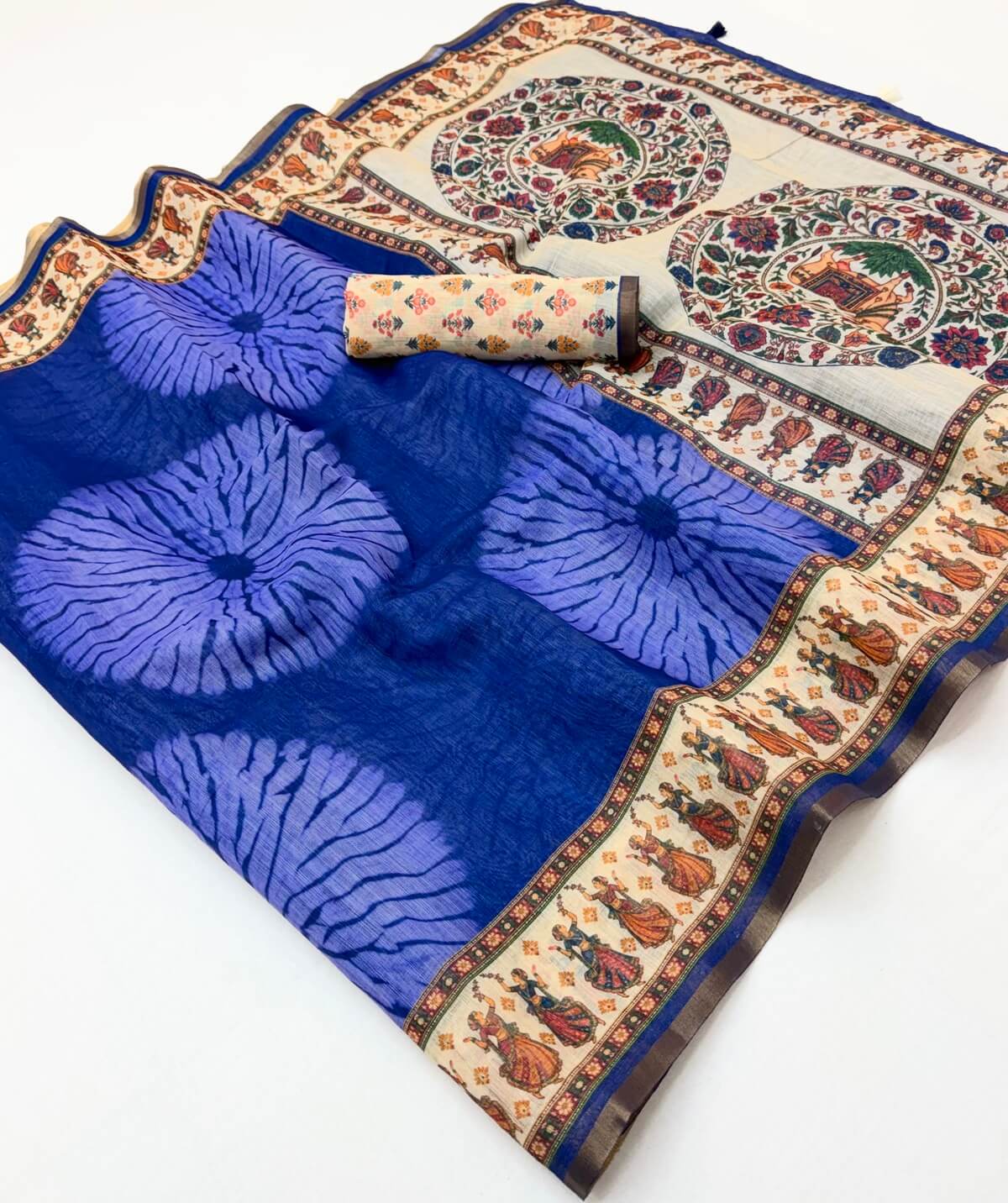 Impressive Royal Blue Printed Cotton Silk Saree With Staggering Blouse Piece